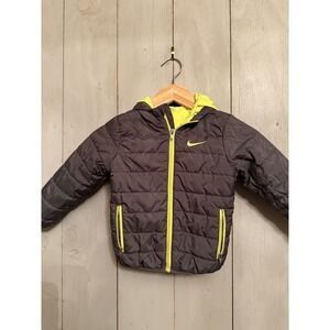 Nike Boy's Puffer Zip Hooded Midweight Jacket - 3T Dark Gray Neon Lined Hood